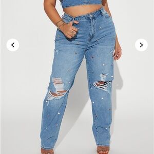 Charming Non Stretch Embellished Straight Leg Jeans - Medium Wash, Size 16